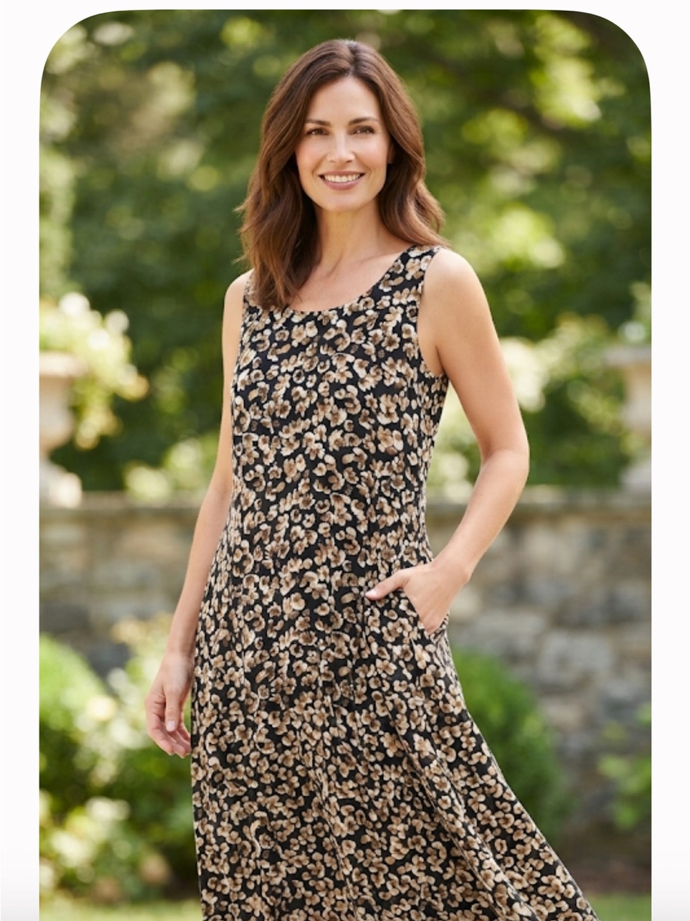 Perceptions New York Floral Sleeveless A-Line Dress Black Tan 
Size L